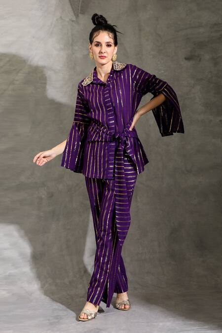 Shop_Shreya J Label_Purple Cotton Lurex Embellished Gota Patti Stripe Pattern Shirt With Pant 