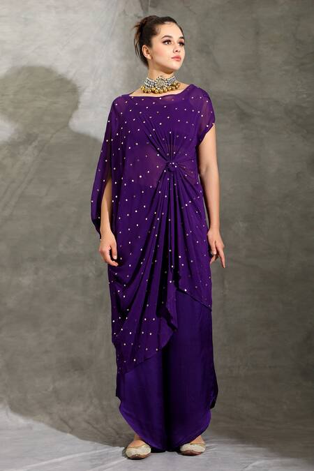 Shreya J Label_Purple Crepe, Georgette Embroidery Round Embellished Draped Tunic Palazzo Set _Online_at_Aza_Fashions