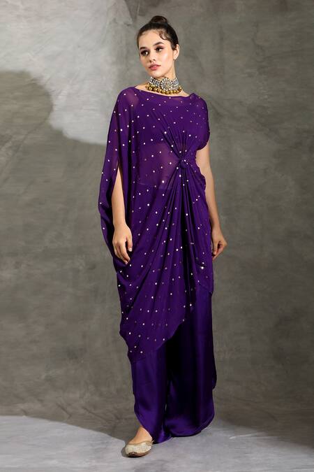 Buy_Shreya J Label_Purple Crepe, Georgette Embroidery Round Embellished Draped Tunic Palazzo Set _Online_at_Aza_Fashions