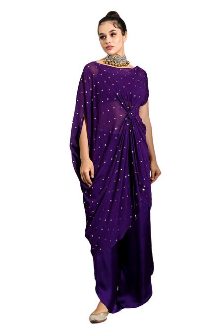 Shop_Shreya J Label_Purple Crepe, Georgette Embroidery Round Embellished Draped Tunic Palazzo Set _Online_at_Aza_Fashions