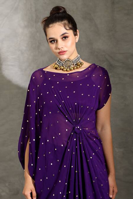 Shreya J Label_Purple Crepe, Georgette Embroidery Round Embellished Draped Tunic Palazzo Set _at_Aza_Fashions