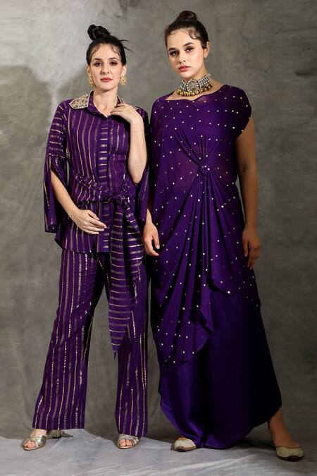 Buy_Shreya J Label_Purple Crepe, Georgette Embroidery Round Embellished Draped Tunic Palazzo Set 