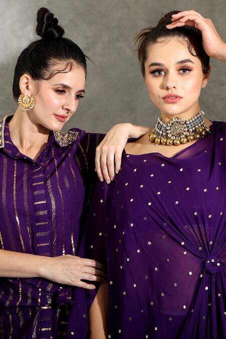 Shop_Shreya J Label_Purple Crepe, Georgette Embroidery Round Embellished Draped Tunic Palazzo Set 