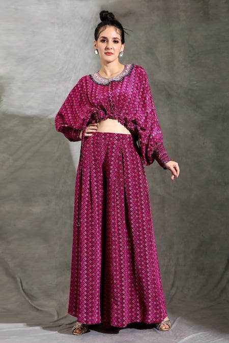 Shreya J Label Purple Crepe Print Geometric Round Neck Top With Pleated Pant 