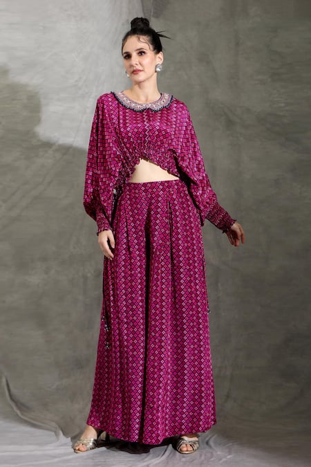 Shreya J Label_Purple Crepe Pearls, Sequins Round Neck Geometric Print Top With Pleated Pant _Online_at_Aza_Fashions