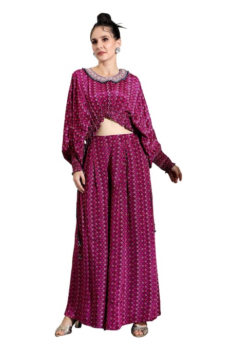 Buy_Shreya J Label_Purple Crepe Pearls, Sequins Round Neck Geometric Print Top With Pleated Pant _Online_at_Aza_Fashions