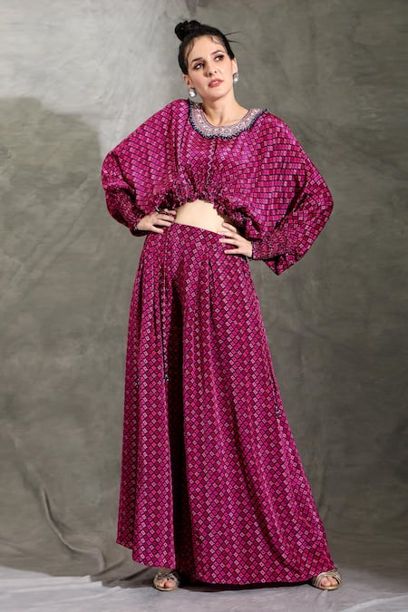 Shop_Shreya J Label_Purple Crepe Pearls, Sequins Round Neck Geometric Print Top With Pleated Pant _Online_at_Aza_Fashions