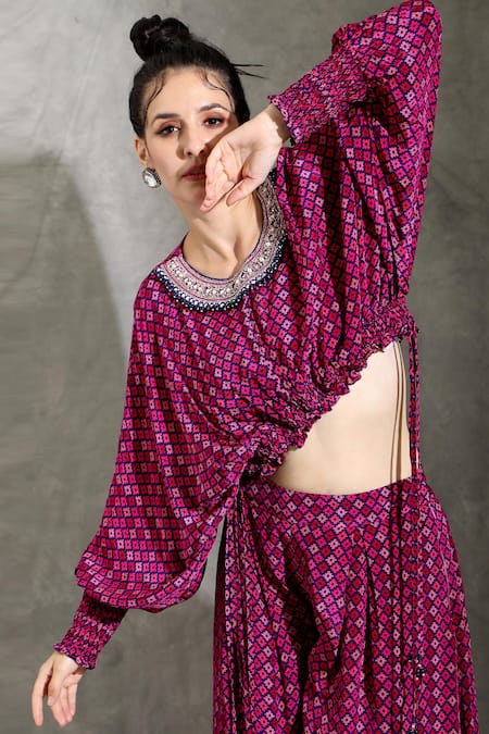 Shreya J Label_Purple Crepe Pearls, Sequins Round Neck Geometric Print Top With Pleated Pant _at_Aza_Fashions