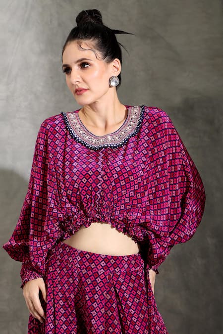 Buy_Shreya J Label_Purple Crepe Pearls, Sequins Round Neck Geometric Print Top With Pleated Pant 
