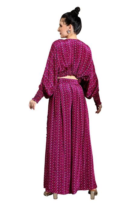 Shop_Shreya J Label_Purple Crepe Pearls, Sequins Round Neck Geometric Print Top With Pleated Pant 