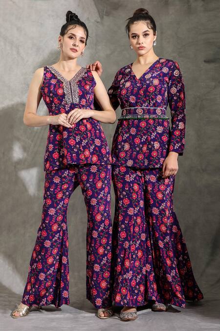 Shreya J Label_Purple Crepe V-neck Floral Bloom Print Tunic With Pant _Online_at_Aza_Fashions