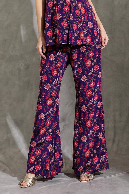 Shop_Shreya J Label_Purple Crepe V-neck Floral Bloom Print Tunic With Pant _Online_at_Aza_Fashions
