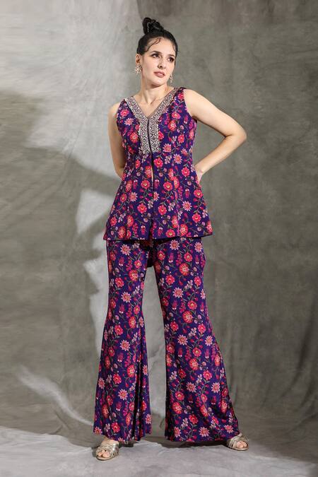 Buy_Shreya J Label_Purple Crepe V-neck Floral Bloom Print Tunic With Pant 