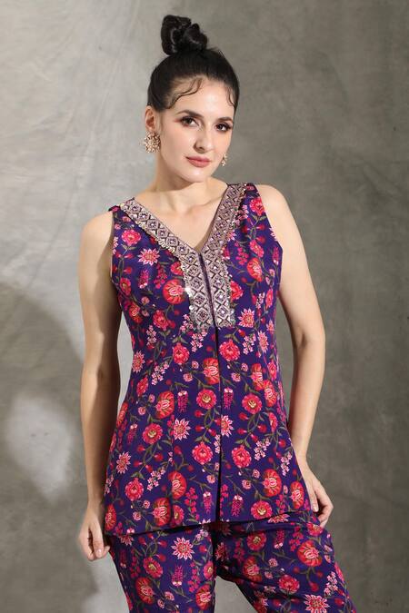 Shop_Shreya J Label_Purple Crepe V-neck Floral Bloom Print Tunic With Pant 