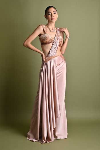 Beige Stitched Lehenga Acoordian Pleat Saree with Blouse Piece and Embellished Belt