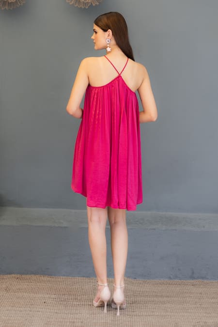 Shop_Ozel_Pink Sandwash Satin Pleated Halter Alice Short Neck Dress _at_Aza_Fashions