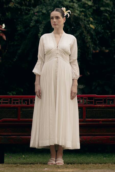 Ozel_White Cotton Embroidered Lace V Neck Amara Work Midi Dress _Online_at_Aza_Fashions