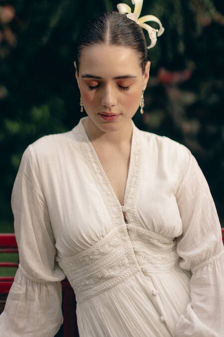 Buy_Ozel_White Cotton Embroidered Lace V Neck Amara Work Midi Dress _Online_at_Aza_Fashions