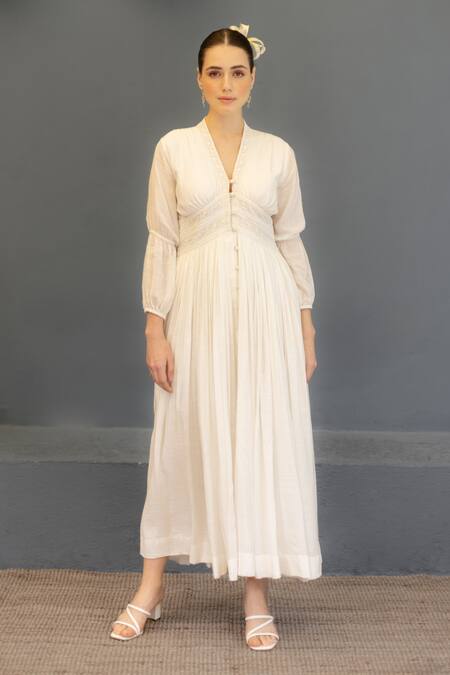Shop_Ozel_White Cotton Embroidered Lace V Neck Amara Work Midi Dress _Online_at_Aza_Fashions