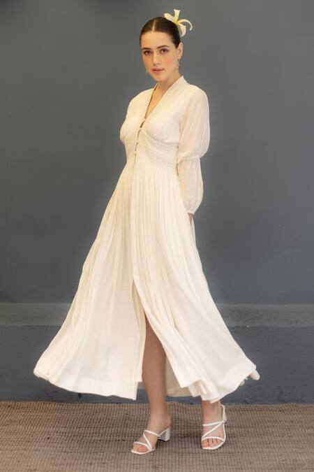 Ozel_White Cotton Embroidered Lace V Neck Amara Work Midi Dress _at_Aza_Fashions