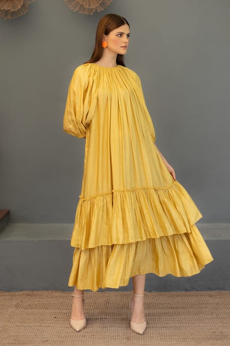 Ozel Yellow Linen Satin Plain Round Ariana Tiered Gathered Midi Dress
