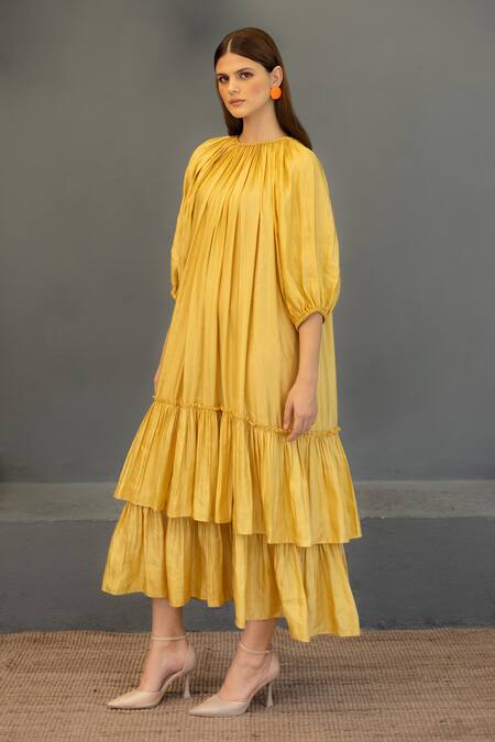 Ozel Yellow Linen Satin Plain Round Ariana Tiered Gathered Midi Dress Online at Aza Fashions Ozel_Yellow Linen Satin Plain Round Ariana Tiered Gathered Midi Dress _Online_at_Aza_Fashions