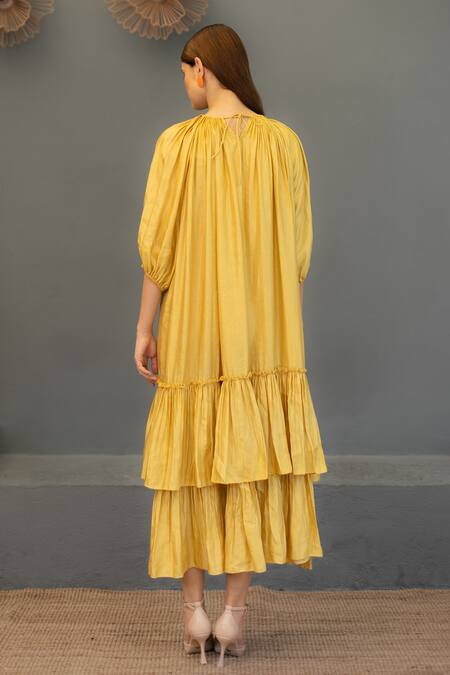 Shop Ozel Yellow Linen Satin Plain Round Ariana Tiered Gathered Midi Dress Online at Aza Fashions Shop_Ozel_Yellow Linen Satin Plain Round Ariana Tiered Gathered Midi Dress _Online_at_Aza_Fashions