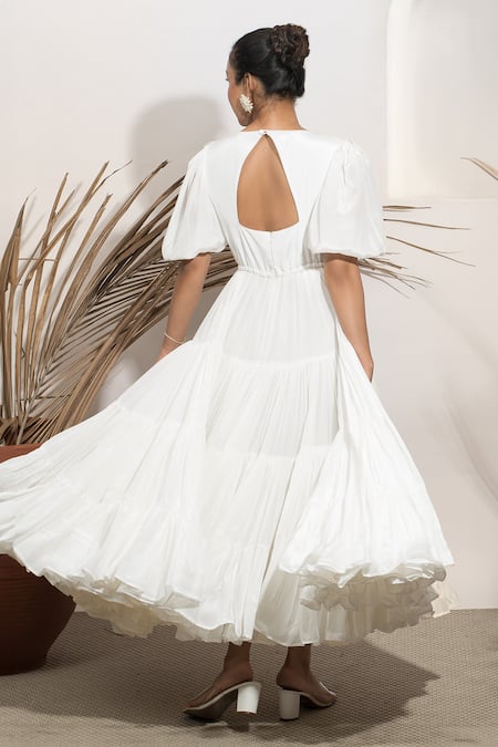 Shop Ozel White Viscose Crepe Plain V Neck Bella Flared Midi Dress at Aza Fashions Shop_Ozel_White Viscose Crepe Plain V Neck Bella Flared Midi Dress _at_Aza_Fashions