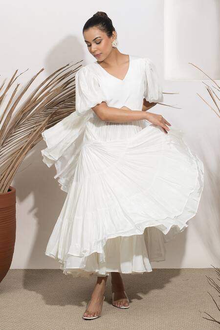 Ozel White Viscose Crepe Plain V Neck Bella Flared Midi Dress Online at Aza Fashions Ozel_White Viscose Crepe Plain V Neck Bella Flared Midi Dress _Online_at_Aza_Fashions