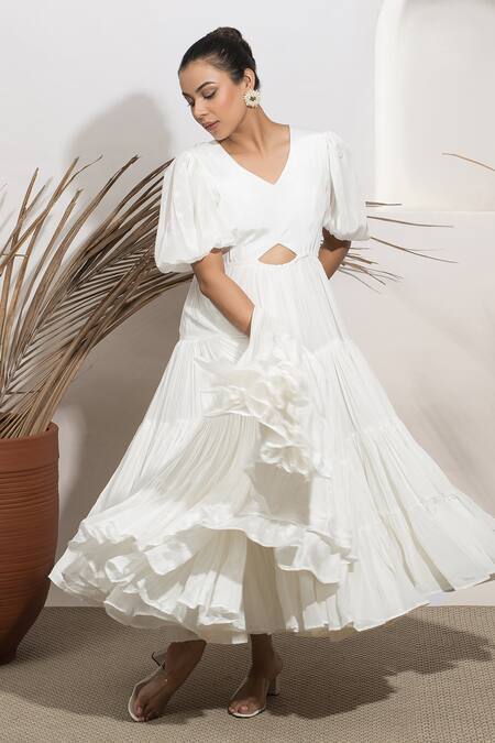 Ozel White Viscose Crepe Plain V Neck Bella Flared Midi Dress at Aza Fashions Ozel_White Viscose Crepe Plain V Neck Bella Flared Midi Dress _at_Aza_Fashions