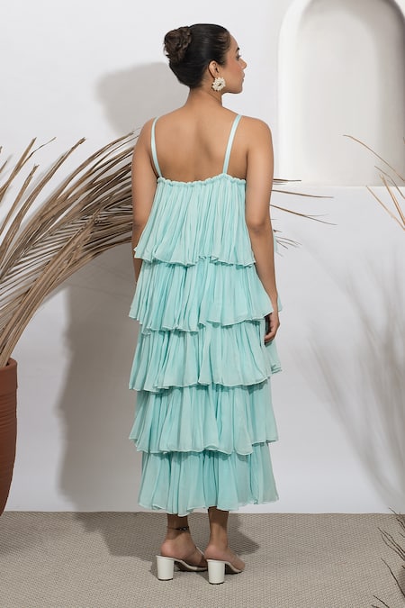 Shop Ozel Blue Georgette Square Ceecee Tiered Midi Dress at Aza Fashions Shop_Ozel_Blue Georgette Square Ceecee Tiered Midi Dress _at_Aza_Fashions