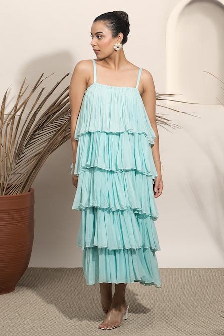 Ozel Blue Georgette Square Ceecee Tiered Midi Dress at Aza Fashions Ozel_Blue Georgette Square Ceecee Tiered Midi Dress _at_Aza_Fashions