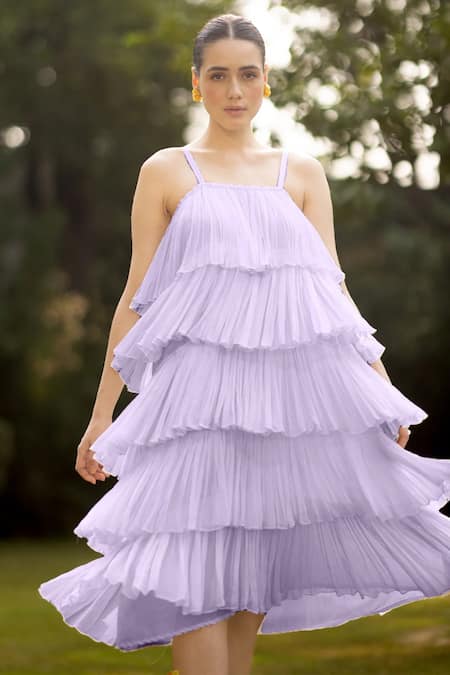 Ozel Purple Georgette Square Ceecee Tiered Pleated Midi Dress