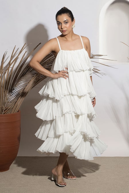 Buy_Ozel_White Georgette Square Ceecee Pleated Tiered Midi Dress_Online_at_Aza_Fashions