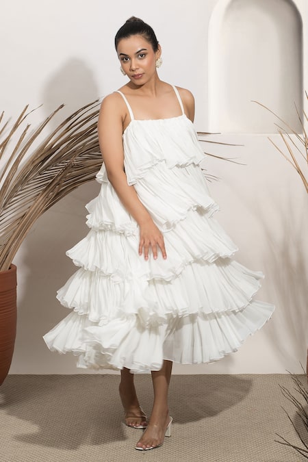 Ozel_White Georgette Square Ceecee Pleated Tiered Midi Dress_at_Aza_Fashions