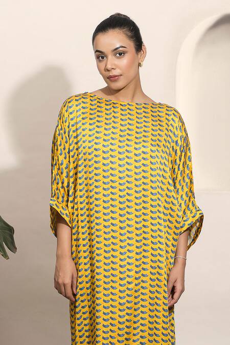 Ozel Yellow Modal, Satin Round Neck Dolce Printed Tunic And Pant Co-ord Set at Aza Fashions Ozel_Yellow Modal, Satin Round Neck Dolce Printed Tunic And Pant Co-ord Set _at_Aza_Fashions