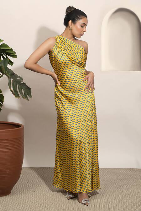 Shop_Ozel_Yellow Modal Satin Printed One-shoulder Dolce One Gown _Online_at_Aza_Fashions