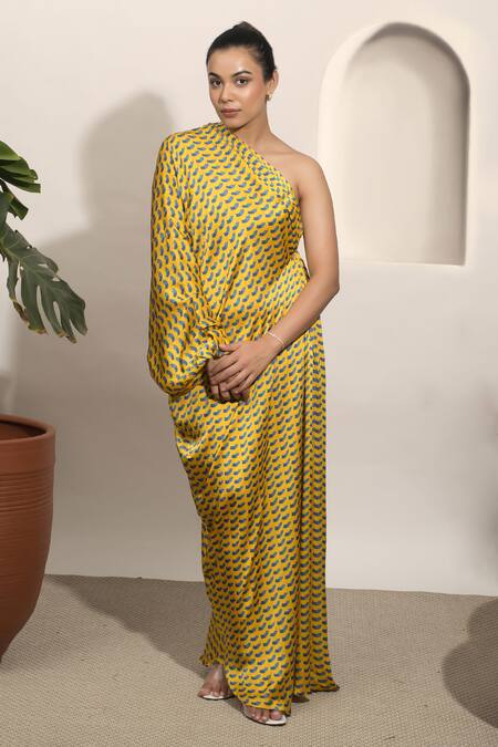 Buy_Ozel_Yellow Modal, Satin One Shoulder Dolce Printed Kaftan_Online_at_Aza_Fashions