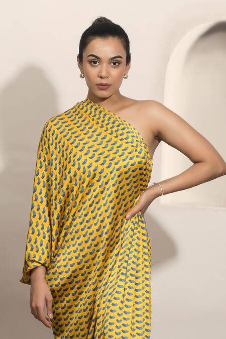 Ozel_Yellow Modal, Satin One Shoulder Dolce Printed Kaftan_at_Aza_Fashions