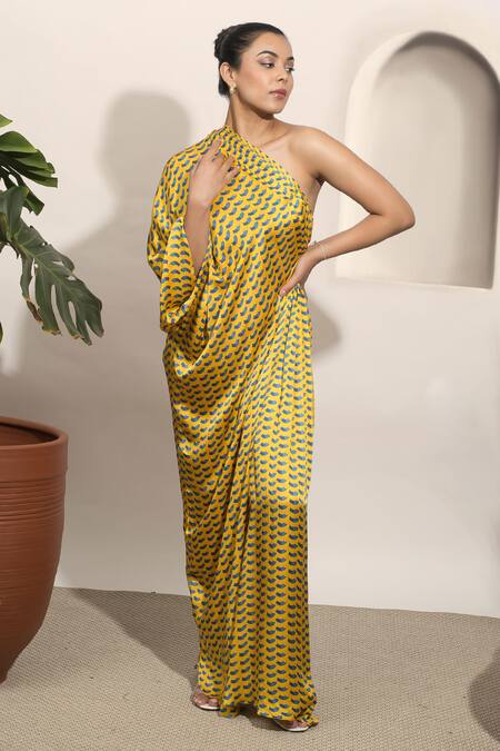 Buy_Ozel_Yellow Modal, Satin One Shoulder Dolce Printed Kaftan