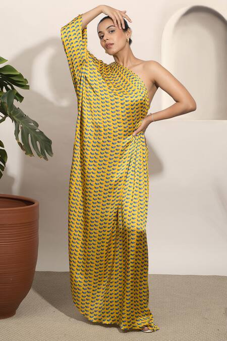 Shop_Ozel_Yellow Modal, Satin One Shoulder Dolce Printed Kaftan