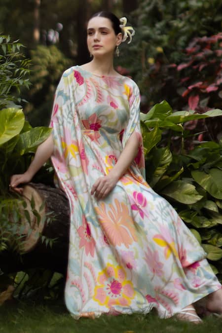 Ozel_Pink Bemberg Satin Printed Floral Boat Eva Gathered Kaftan _Online_at_Aza_Fashions