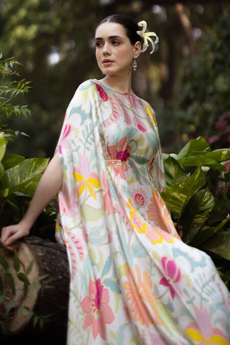 Buy_Ozel_Pink Bemberg Satin Printed Floral Boat Eva Gathered Kaftan _Online_at_Aza_Fashions