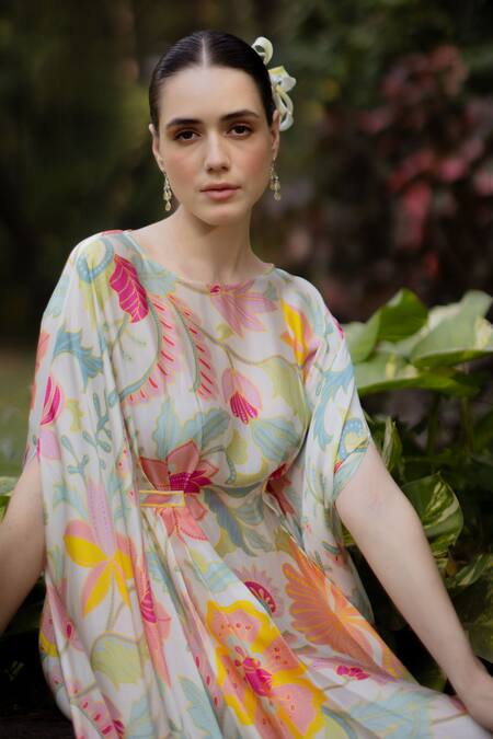 Shop_Ozel_Pink Bemberg Satin Printed Floral Boat Eva Gathered Kaftan _Online_at_Aza_Fashions