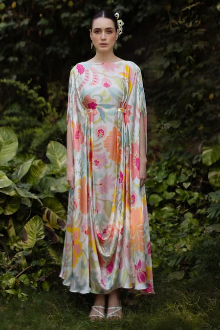 Ozel_Pink Bemberg Satin Printed Floral Boat Eva Gathered Kaftan _at_Aza_Fashions