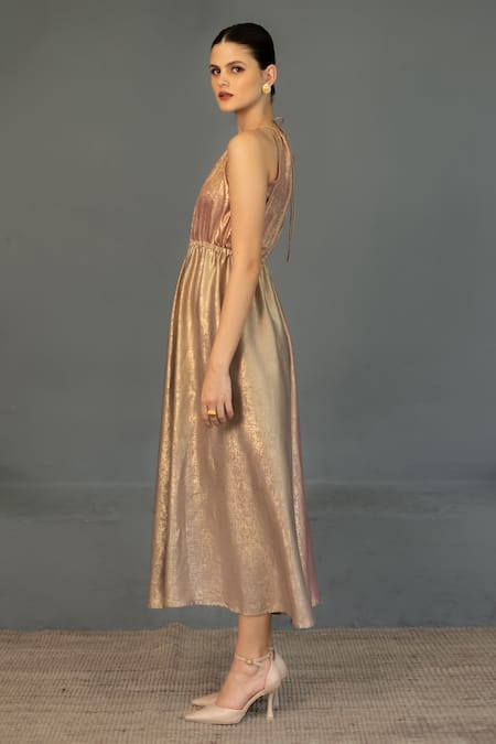 Shop Ozel Gold Shimmer Crepe Halter Harper Dual Toned Dress at Aza Fashions Shop_Ozel_Gold Shimmer Crepe Halter Harper Dual Toned Dress _at_Aza_Fashions