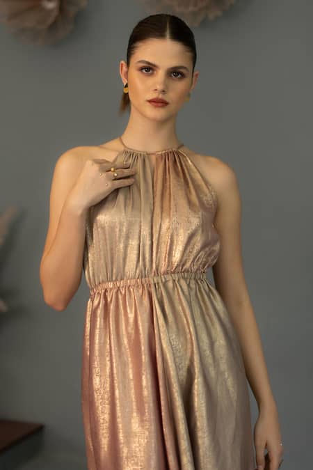 Ozel Gold Shimmer Crepe Halter Harper Dual Toned Dress Online at Aza Fashions Ozel_Gold Shimmer Crepe Halter Harper Dual Toned Dress _Online_at_Aza_Fashions