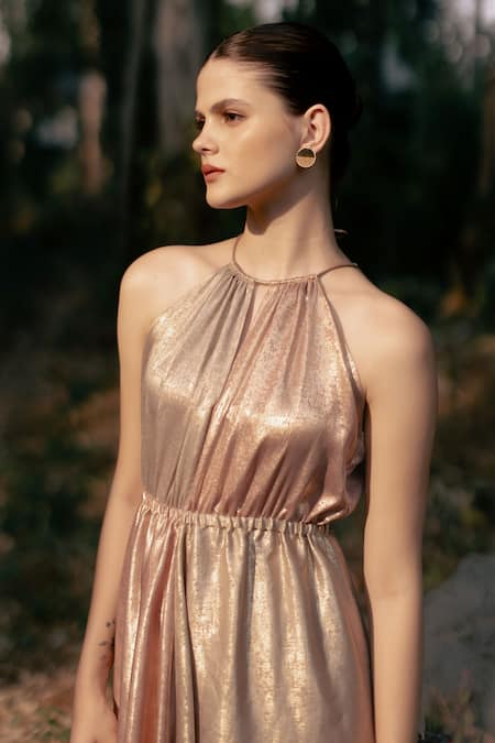 Shop Ozel Gold Shimmer Crepe Halter Harper Dual Toned Dress Online at Aza Fashions Shop_Ozel_Gold Shimmer Crepe Halter Harper Dual Toned Dress _Online_at_Aza_Fashions