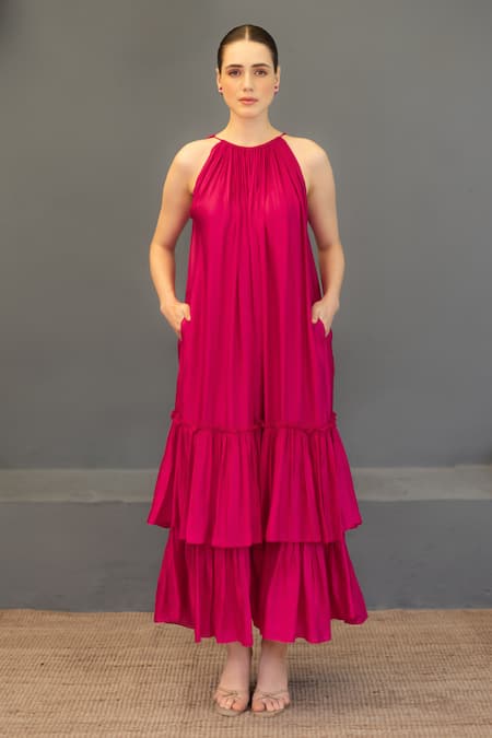 Ozel Pink Linen Satin Solid Halter Layla Neck Tiered Maxi Dress