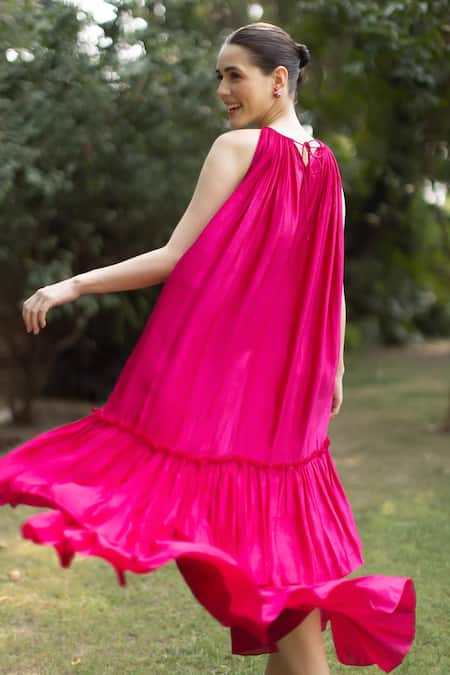 Shop Ozel Pink Linen Satin Solid Halter Layla Neck Tiered Maxi Dress at Aza Fashions Shop_Ozel_Pink Linen Satin Solid Halter Layla Neck Tiered Maxi Dress _at_Aza_Fashions